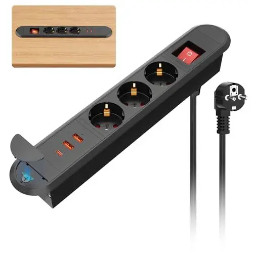 Produktbild: Einbausteckdose mit USB C PD20W, Versenkbare Steckdose 3-Fach Tischsteckdose mit 2 USB A, Einbau Steckdosenleiste für Tischplatte Arbeitsplatte Möbel Nachttisch, 2m Kabel, Schwarz