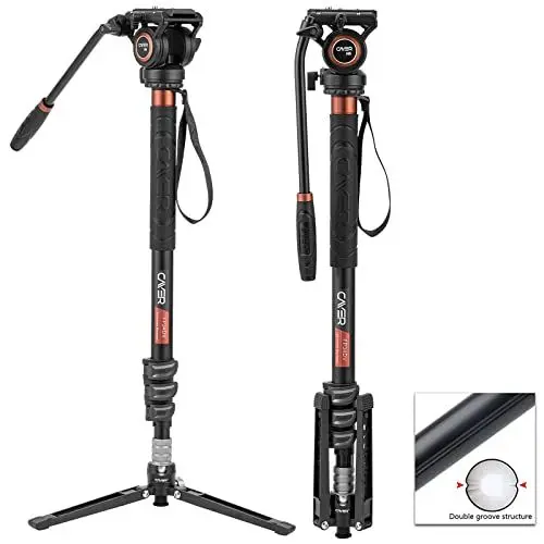 Produktbild: Cayer FP34 Einbeinstativ mit Füßen, 71-Zoll-Aluminium-Teleskop-Kamera-Einbeinstativ mit Fluidkopf und 3-Bein-Stativbasis für Canon Nikon Sony Olympus Panasonic DSLR-Kamera
