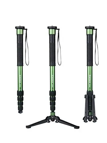 Produktbild: Einbeinstativ, Moman MA66 Kamera Monopod mit Standspinne Reisestativ Kohlefaser Kompakter Tragbarer Fotografie Stative 5 Abschnitte bis zu 168 cm Nutzlast 10kg für DSLR Gopro Camcorder, Schwarz Grün