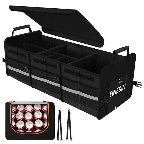 Produktbild: Einesin Extra Großer 88L Kofferraum Organizer und 22L Kühltasche, mit 7 Fächern, auto aufbewahrungsbox, Zusammenklappbarer Auto Organizer Kofferraum mit Fächern und Klappbarer Deckel.