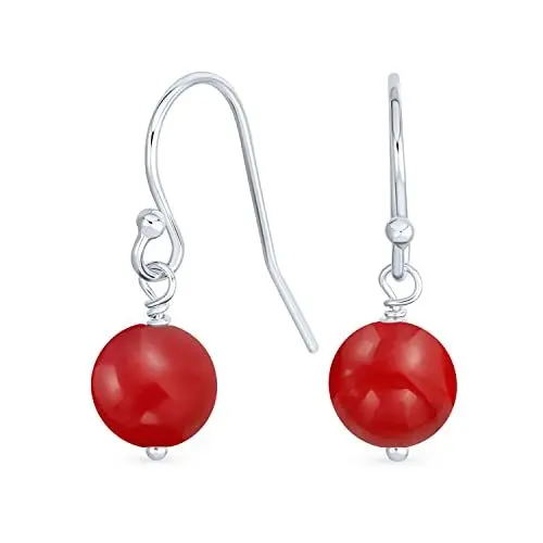 Produktbild: Einfache Schlichte Edelstein Gefärbte Rote Natürliche Korallenkugel Runde Tropfen Ohrringe Für Frauen Teenager.925 Sterlingsilber