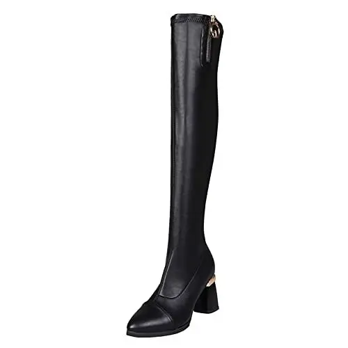 Produktbild: einfarbiges Spitze Zehe Dicke High Heel elastische Overknee-Stiefel Damen Atmungsaktive Schuhe (Black, 39)