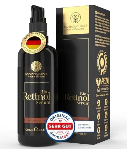 Produktbild: BIO Retinol Serum hochdosiert 100ml • Retinol 5-Fach-Komplex +Hyaluron +Vitamin C ✓ Vegan & BIO ✓ hochwirksam verkapseltes Retinol für strahlende & reine Haut ohne Pickel ✓ Anti Aging Made in Germany