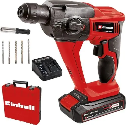 Produktbild: Einhell Akku-Bohrhammer TE-HD 18 Li Kit (1x2,5 Ah) Power X-Change (Li-Ion, 18 V, 1,2 J, SDS-Plus-Aufnahme, 12 mm Bohrleistung Beton, inkl. 2,5 Ah Akku, Ladegerät, 5 Bohrer, Koffer)