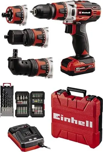 Produktbild: Einhell Akku-Bohrschrauber TE-CD 12/1 3X-Li 39 (30 Nm, 2 Gänge, abnehmbares 10 mm-Bohrfutter, inkl. 34-tlg. Bit-Set, 5 Holzbohrer, Ladegerät + 1x 2,0 Ah-Akku)