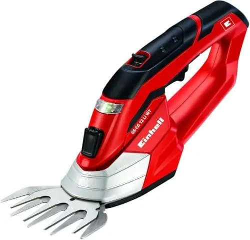 Produktbild: Einhell Akku-Gras- und Strauchschere GE-CG 12 Li WT (Litihum-Ionen, 12 V, 1,5 Ah, werkzeugloser Messerwechsel von Grasschneideblatt und Strauchscherenmesser, lasergeschnittene Messer)