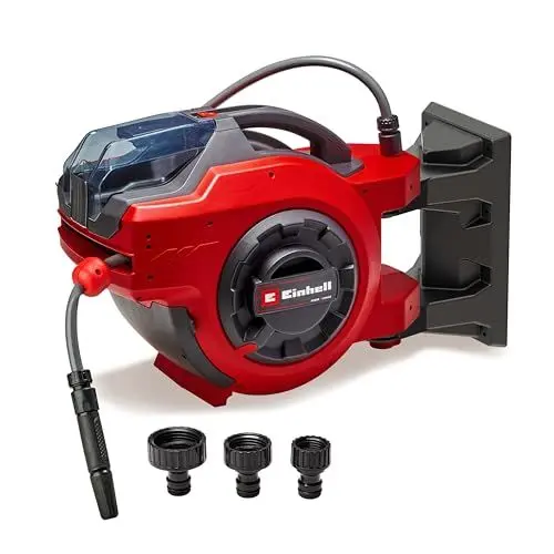 Produktbild: Einhell Akku-Schlauchtrommel GE-HR 18/30 Li-Solo Power X-Change (18 V, automatische Schlauchaufwicklung, bis zu 180° schwenkbar, Wandhalterung, 30 m Gartenschlauch & -spritze, ohne Akku)