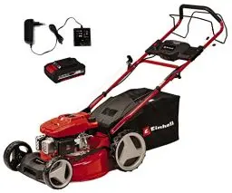 Produktbild: Einhell Benzin-Rasenmäher GC-PM 46 SM HW-E Li (2 kW, 4-Takt-Motor, für bis zu 1400 m², Elektro-Start-Funktion, abschaltbarer Hinterradantrieb, 65 l-Fangsack, inkl. Akku & Ladegerät)