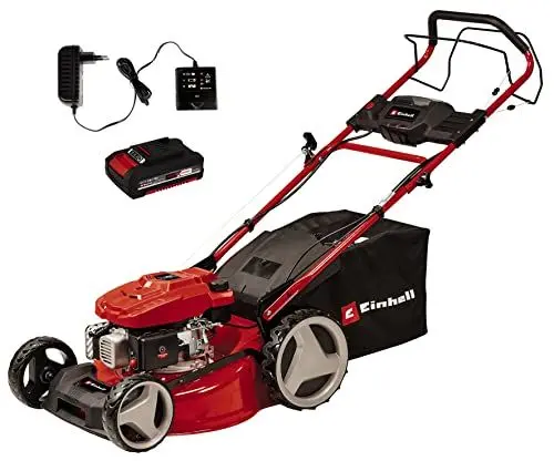 Produktbild: Einhell Benzin-Rasenmäher GC-PM 46 SM HW-E Li (2 kW, 4-Takt-Motor, für bis zu 1400 m², Elektro-Start-Funktion, abschaltbarer Hinterradantrieb, 65 l-Fangsack, inkl. Akku & Ladegerät)
