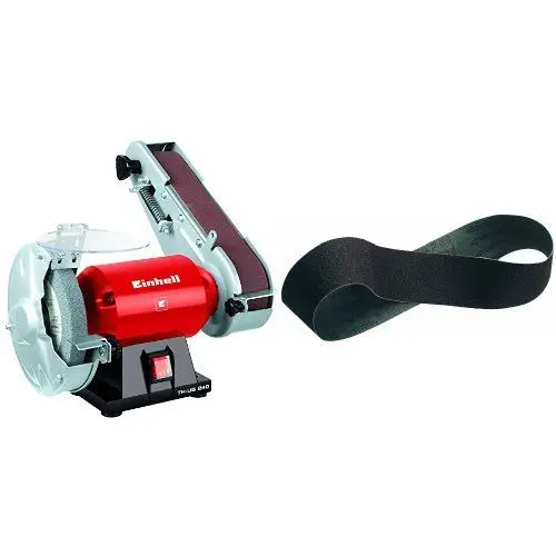 Produktbild: Einhell Stand-Bandschleifer TH-US 240 (240 W, inkl. Grobschleifscheibe und Schleifband, Scheibendurchmesser 150 mm, Schleifband 50x686 mm) + Schleifbandset passend für Stand-Bandschleifer