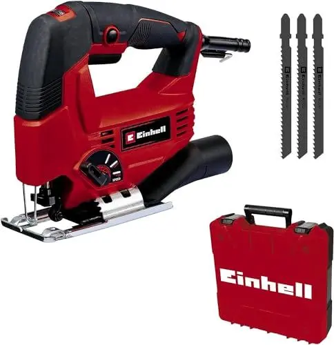 Produktbild: Einhell Stichsäge TC-JS 80/1 Kit (550 W, 20 mm Hubhöhe, Pendelhubfunktion, 80 mm Schnitttiefe in Holz, 10 mm in Stahl, 3.000 min-1, inkl. 3x T-Schaft Sägeblatt)