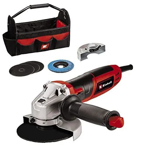 Produktbild: Einhell Winkelschleifer TC-AG 125/850 Kit (850 W, 12.000 min-1, max. Schnitttiefe 28 mm, max. Scheibendurchmesser 125 mm, inkl. 3x Trennscheibe, 1x Lamellenschleifteller & 1x Einhell Bag)