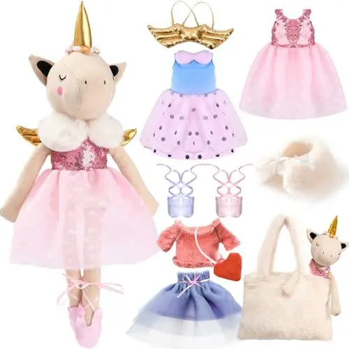 Produktbild: Toyssa Einhorn Gehäkelte Puppe Doll Geschenke Mädchen 3 4 5 6 7 Jahren Einhorn Kuscheltier Stofftier Plüschtier mit 3 Outfits Flügel Tasche Kinder Einhorn Spielzeug Geschenk für Mädchen