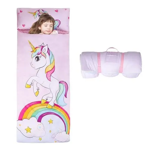 Produktbild: Einhorn Schlafsack Kinder Doppelter Reißverschluss Weich Warm, Faltbare Kinderschlafsack mit Kissen Abnehmbar für Mädchen Jungen, Leicht Reinigen Schlafsack für Outdoor Indoor Camping, 150×60cm