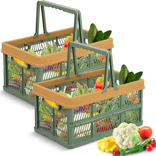 Produktbild: Einkaufskörbe 2er Set kleine Klappbox faltbar mit Henkel Plastik Transportbox mit Griffen Tragekorb für Regal Aufbewahrungsbox 38 x 25 x 20 cm -Grün