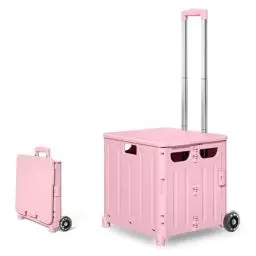 Produktbild: Einkaufstrolley Klappbar, Einkaufskorb mit Deckel 45L Kapazität, Alu Teleskopgriff, Faltbar Shopping Trolley Einkaufswagen, Einkaufskorb Kunststoff mit stabile Rädern, Klappbox Transport Trolley Rosa