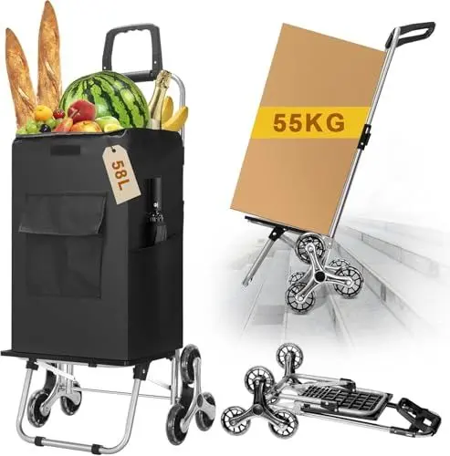 Produktbild: Einkaufstrolley Treppensteiger Trolley mit Wasserdichter Tasche, Belastbar bis 35kg, 2in1 Einkaufswagen Klappbar mit Verstellbarer Griff, Shopping Trolley- Für Einkaufen, Camping
