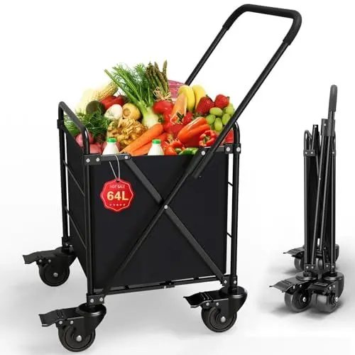 Produktbild: Einkaufstrolley klappbar,64L Shopping Trolley, Einkaufstrolley mit Rädern und 4 Körben, Tragbar Einkaufswagen zum Einkaufen, Einkaufen, Wäschewaschen