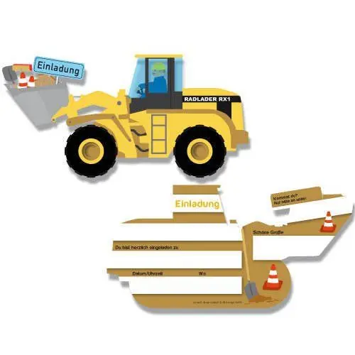 Produktbild: DH-Konzept Einladungskarten in Radladerform, 6 Stück, für Kinder Mottoparty // Baustelle Bauarbeiter Radlader Bagger Einladung Karte Geburtstag Party