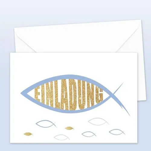 Produktbild: Einladungskarten Kommunion mit Umschlägen Sticker 12Stück, Einladung Karten für Mädchen Junge zur Erstkommunion Taufe Konfirmation Invitation Card mit Blau Golden Fisch, Schön Dass Du Da Bist
