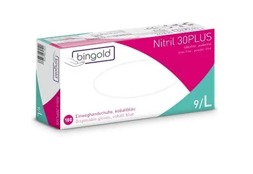 Produktbild: Einmalhandschuhe BINGOLD Nitril 30PLUS, Nitrilhandschuhe, kobaltblau, Größe L, 100-er Pack
