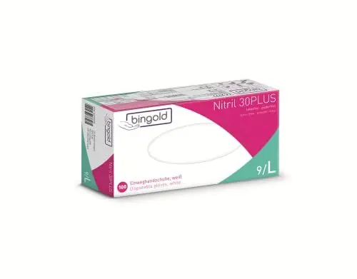 Produktbild: Einmalhandschuhe BINGOLD Nitril 30PLUS, Nitrilhandschuhe, weiß, Größe L, 100-er Pack