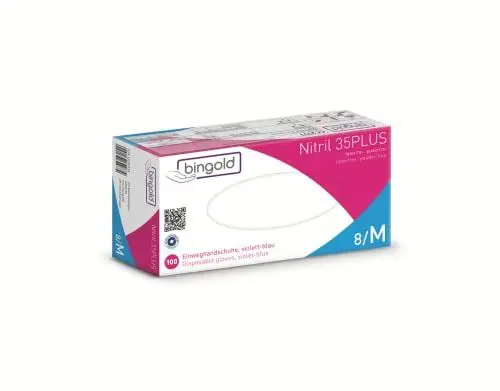 Produktbild: Einmalhandschuhe BINGOLD Nitril 35PLUS, Nitrilhandschuhe, violettblau, Größe M, 100-er Pack