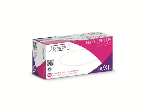 Produktbild: Einmalhandschuhe BINGOLD Nitril 35PLUS, Nitrilhandschuhe, violettblau, Größe XL, 100-er Pack