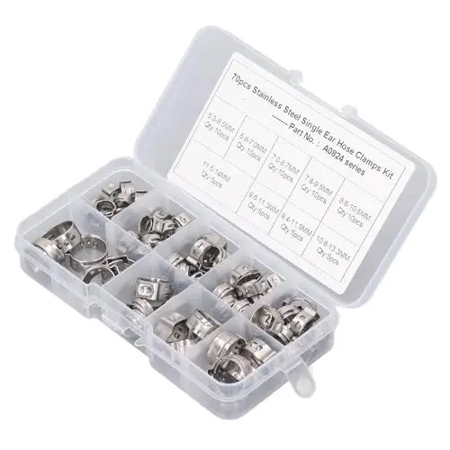 Produktbild: Einohr-Schlauchklemmen, 70 Stück, 9 Größen, Crimp-Schlauchklemmen-Sortiment aus Edelstahl, Stufenlose Schlauchklemmen Zum Sichern von Rohrschläuchen und für den Einsatz Im