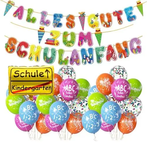Produktbild: Einschulung Deko Bunt SCHULANANG Girlande Sipeayan 25 Stk Luftballons Einschulung mit Schriftzug Schulkind Zuckertüte Schule Folienballon für Schuleinführung Einschulungsfeier Mädchen Jungen