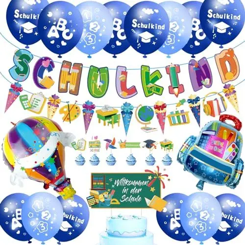 Produktbild: Einschulung Deko Junge, Deko Einschulung Junge Mädchen SCHULKIND Girlande, Zuckertüten Banner, 18 Luftballons mit ABC 123 Schulkind Motiv, Tortendeko, 2 Folienballon Schulanfang Deko (Blau)