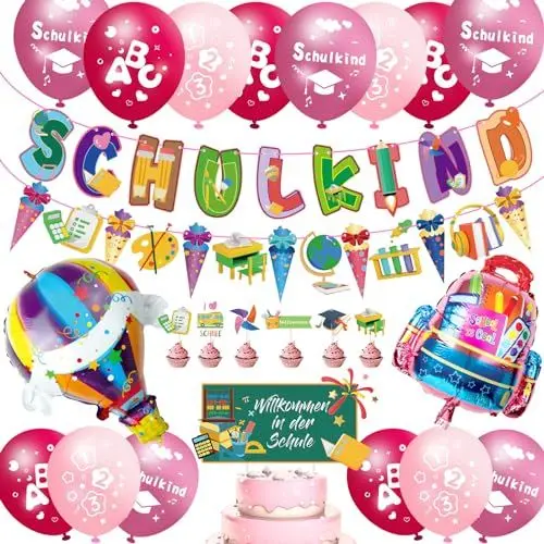 Produktbild: Einschulung Deko Mädchen, Deko Einschulung Mädchen SCHULKIND Girlande, Zuckertüten Banner, 18 Luftballons mit ABC 123 Schulkind Motiv, Konfetti, 2 Folienballon Schulanfang Schuleinführung Deko(Rosa)