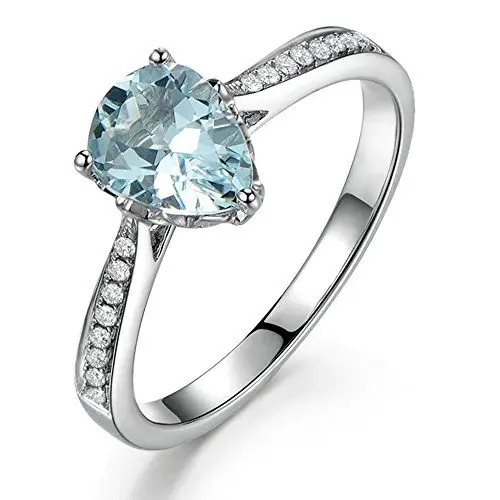 Produktbild: Einzigartig Damen Schmuck Solide 14K (585) Weißgold natürlich Aquamarin Diamant Verlobungsringe Versprechen Hochzeit Ring