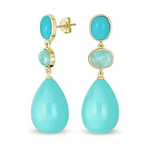Produktbild: Einzigartige geometrische Mehrform Oval und 3 Mehrschicht Dangling Naturstein Tropfen Ball Party Ohrringe für Frauen in 14 Karat vergoldetem Gelbgold