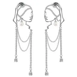 Produktbild: Einzigartiges abstraktes Gesicht Art baumelnde Ohrringe für Frauen Mädchen Umriss Strass Tassel Dény Hollow aus Ohrringe Schmuck Mode baumelt lange Aussage leichte Ohrringe... (silber)