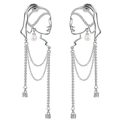 Produktbild: Einzigartiges abstraktes Gesicht Art baumelnde Ohrringe für Frauen Mädchen Umriss Strass Tassel Dény Hollow aus Ohrringe Schmuck Mode baumelt lange Aussage leichte Ohrringe... (silber)