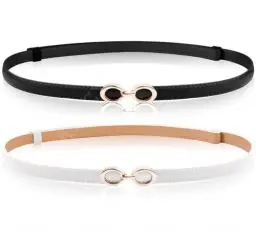 Produktbild: EIOKBECY 2 Stück Skinny Ledergürtel für Damen Verstellbarer dünner Gürtel Schmaler Taillengürtel mit Gold metallschnalle für Kleider und Mantel