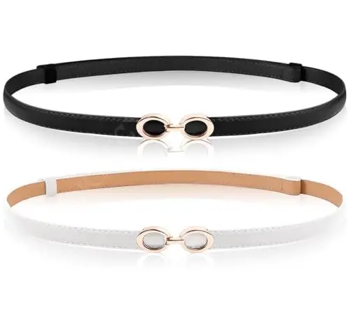 Produktbild: EIOKBECY 2 Stück Skinny Ledergürtel für Damen Verstellbarer dünner Gürtel Schmaler Taillengürtel mit Gold metallschnalle für Kleider und Mantel