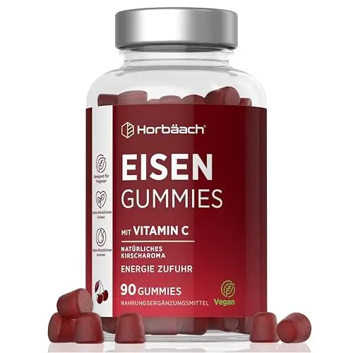 Produktbild: Eisen Vitamin C Gummibärchen Hochdosiert | 14mg Eisen & 40mg Vit C | 90 Vegane Iron Gummies | Kirschgeschmack | Immunsystem, Stoffwechsel (EFSA) | Alternative zu Eisentabletten | von Horbaach