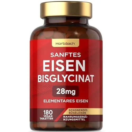Produktbild: Eisen Hochdosiert 28mg | Für Immunsystem, Energiestoffwechsel & Blutbildung (EFSA) | Aus Eisenbisglycinat | 180 Eisentabletten | Vegane | Iron Supplement | by Horbaach