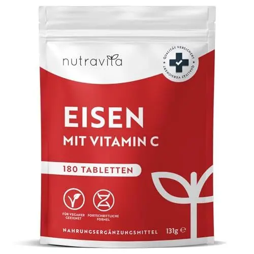 Produktbild: Eisentabletten mit 40 mg Eisen + Vitamin C (80mg) - 180 vegane Tabletten - Eisen Vitamin C Hochdosiert - ohne unerwünschte Zusatzstoffe - 6 Monate Vorrat - Hergestellt von Nutravita