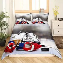 Produktbild: Eishockey Bettwäsche Eishockey Spieler Tröster Abdeckung Für Jungen Teenager Mädchen Sportspiel Ereignis Bettbezug Jugend Kinder Weiche Mikrofaser Wintersport Schlafzimmer Dekorativ 2 Stück, 135x200