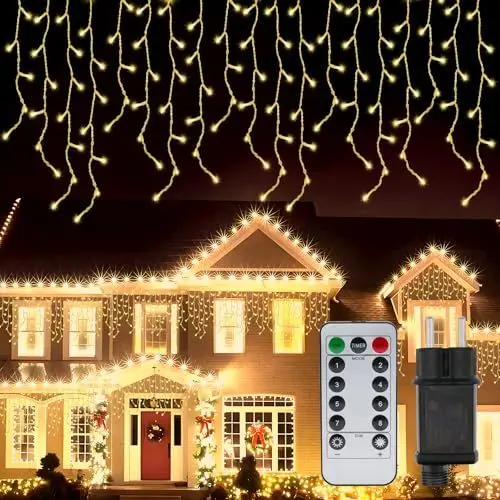 Produktbild: PAVIBOIN Lichterkette Eisregen Außen 10M 400 LED Weihnachtsbeleuchtung Außen mit Fernbedienung, Timer, Wasserdicht IP44, 8 Modi Beleuchtung Lichterkette weihnachten für Außen und Inner-Warmweiß