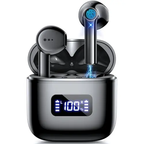 Produktbild: Eissix Bluetooth Kopfhörer, Kopfhörer Kabellos Bluetooth 5.3 mit Mikrofon, Geräuschunterdrückung Mic, 30 Stunden Spielzeit mit Ladehülle, LED-Anzeige für iOS Android Sports(Schwarz)