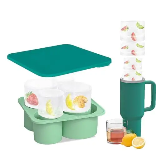 Produktbild: Eiswürfel Stanley Cup, ZRNCRKY Eiswürfelform Silikon für Stanley Cup, Eiswürfelbehälter für Stanley Cup, 4 Fach Ice Cube Tray mit Deckel für 20-40 Oz Becher (Grün)