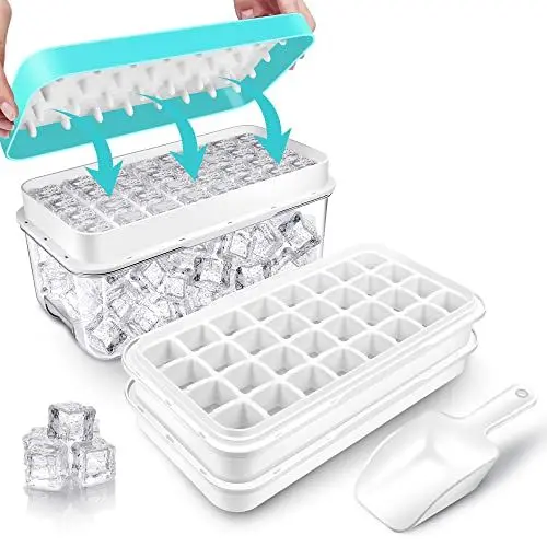 Produktbild: Eiswürfelbehälter mit Deckel und Behälter, 64 Stück Eiswürfel, einfaches Drücken, um das Eis zu lösen, Kühlen von Cocktail, Whiskey, Kaffee, 2 Schalen, 1 Eiskübel und Schaufel (blau)