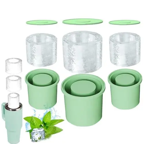 Produktbild: Eiswürfelbereiter mit Deckel für 20-40oz Becher, Silikoneiswürfelschale für Stanley Cup, Eisform für Gefrierschrank, Eisgetränk, Saft, Whiskey (Grasgrün 3PCS)