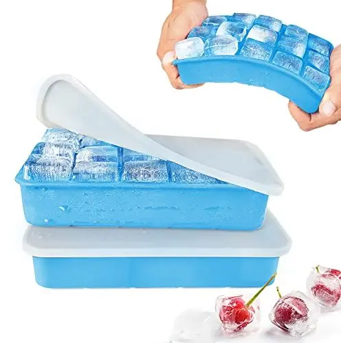 Produktbild: Eiswürfelform Silikon Eiswürfelbehälter mit Deckel 15-Fach 3cm Quadratische Eiswürfel Ice Cube Tray für Whisky, Cocktails Himmelblau, 2 Stück