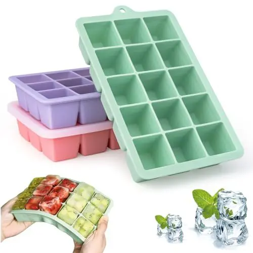 Produktbild: Eiswürfelform mit Deckel, 3 Stück Silikon Eiswürfelbehälter BPA Frei Eiswürfelformen Stapelbar Eiswürfel Form Eiswürfelschalen für gekühltes Wasser, Getränke, Whiskey, Cocktail, Lebensmittel
