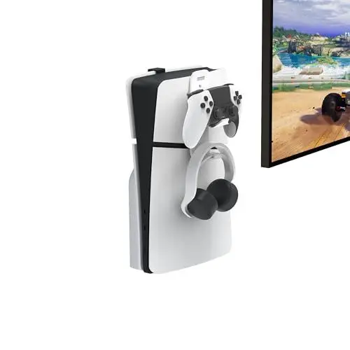 Produktbild: EJGAME Wandhalterung aus Stahl, kompatibel mit PS5 Pro/Slim/PS5, stabiler Metall-Wandaufhängungsständer für PS-5, mit Controller-Halterung und Kopfhörer-Aufhänger, Schwarz